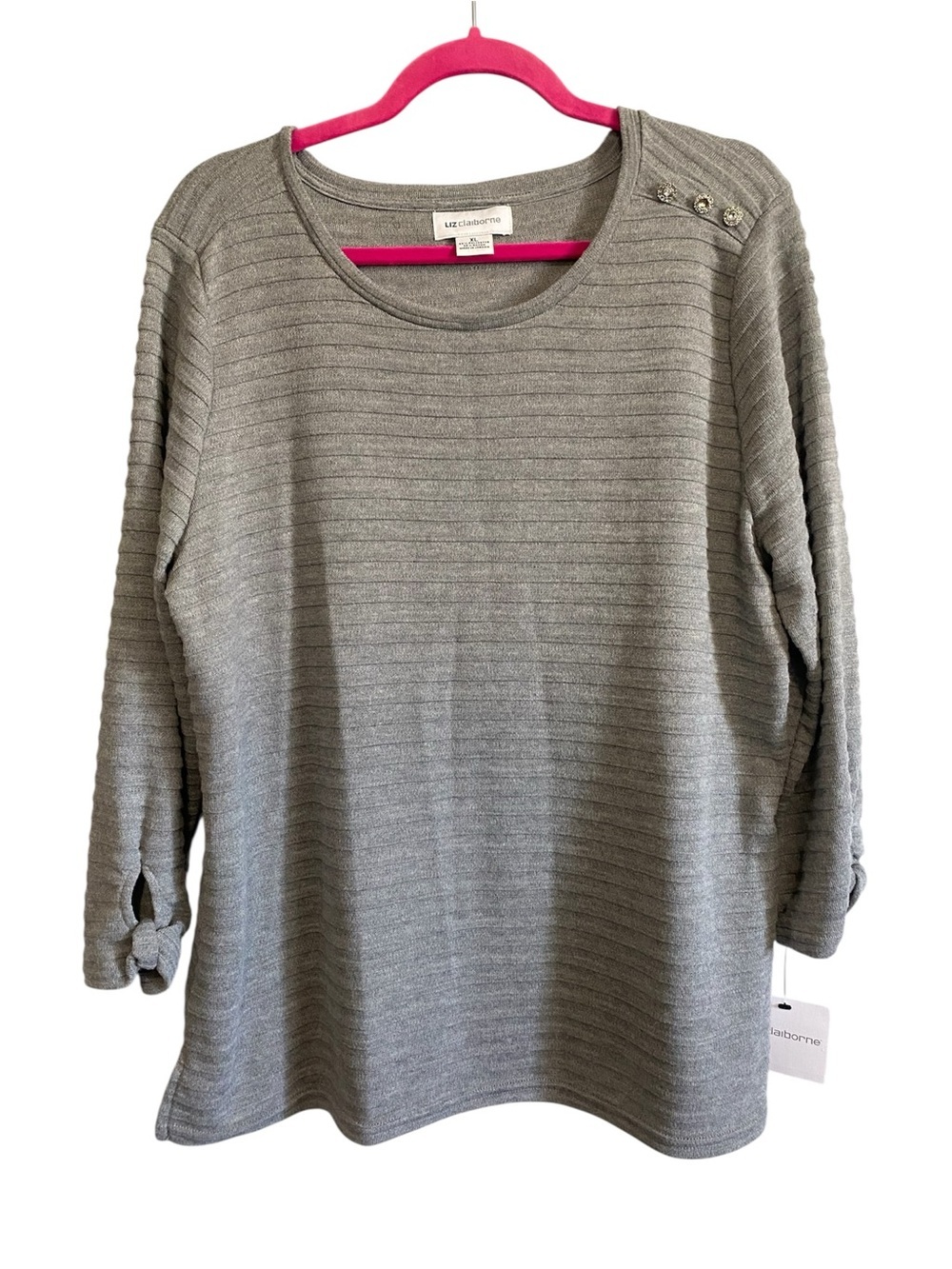 Liz Claiborne Heather Gray Ribbed Knit Top 3/4 Sleeve Size XL NWT Soft Casual